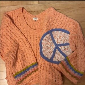 POL Orange V-Neck Sweater with Blue Accents